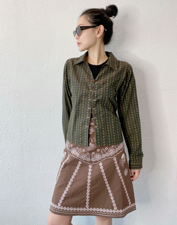 Green Patterned Lace Up Shirt #250410